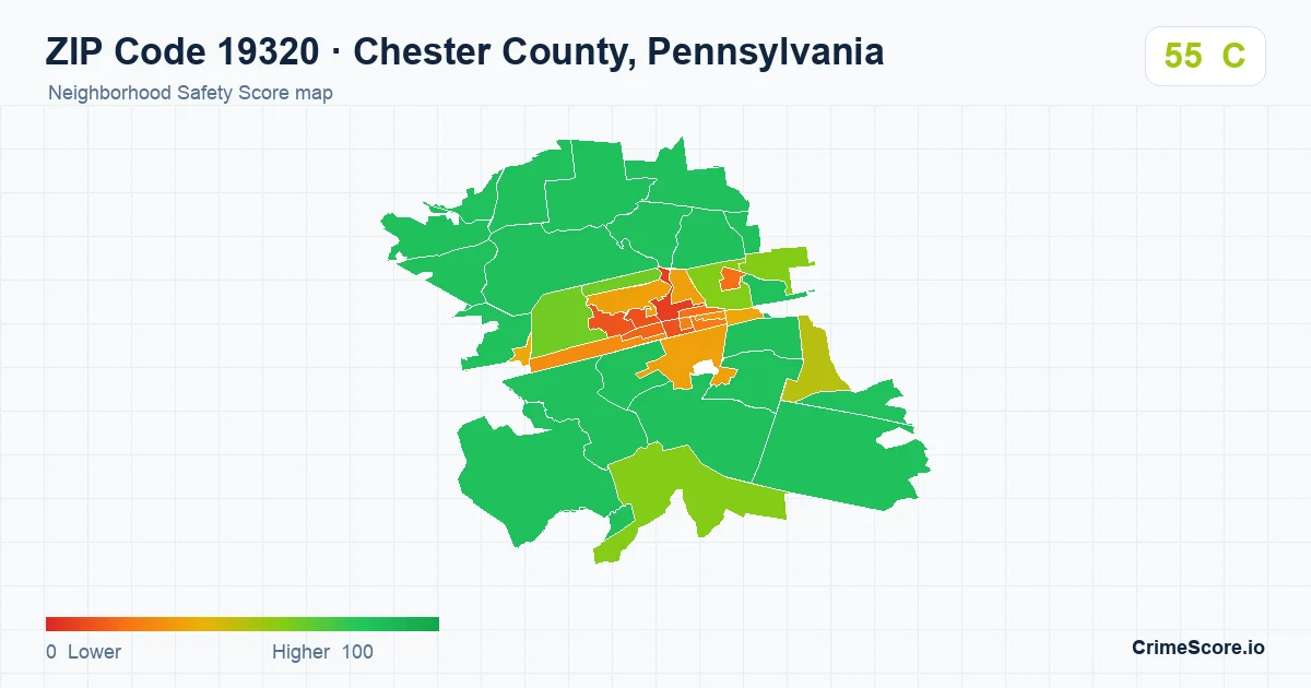 ZIP Code 19320 in Chester County, Pennsylvania neighborhood Safety Score map