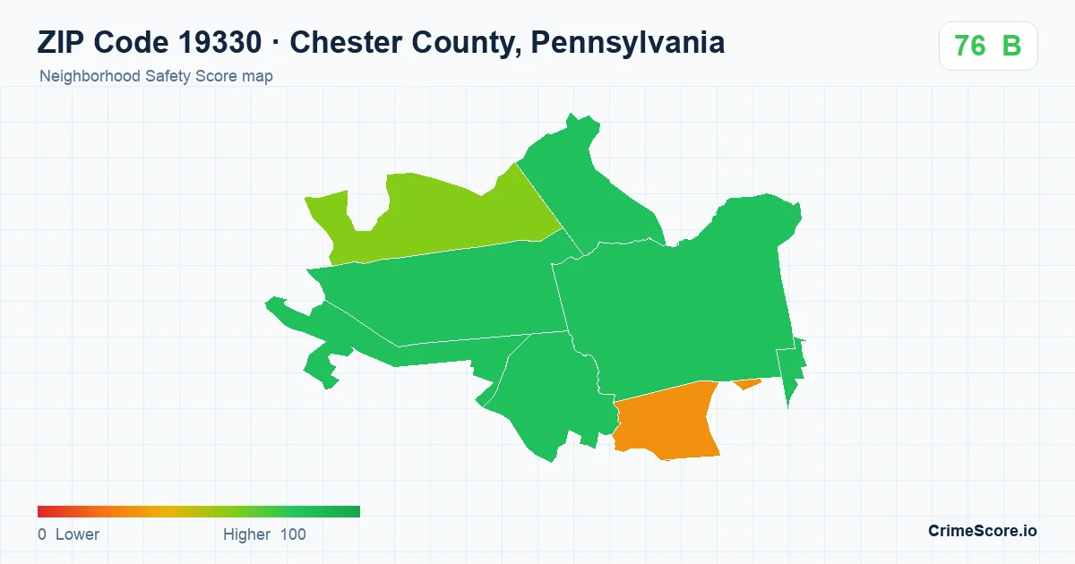 ZIP Code 19330 in Chester County, Pennsylvania neighborhood Safety Score map