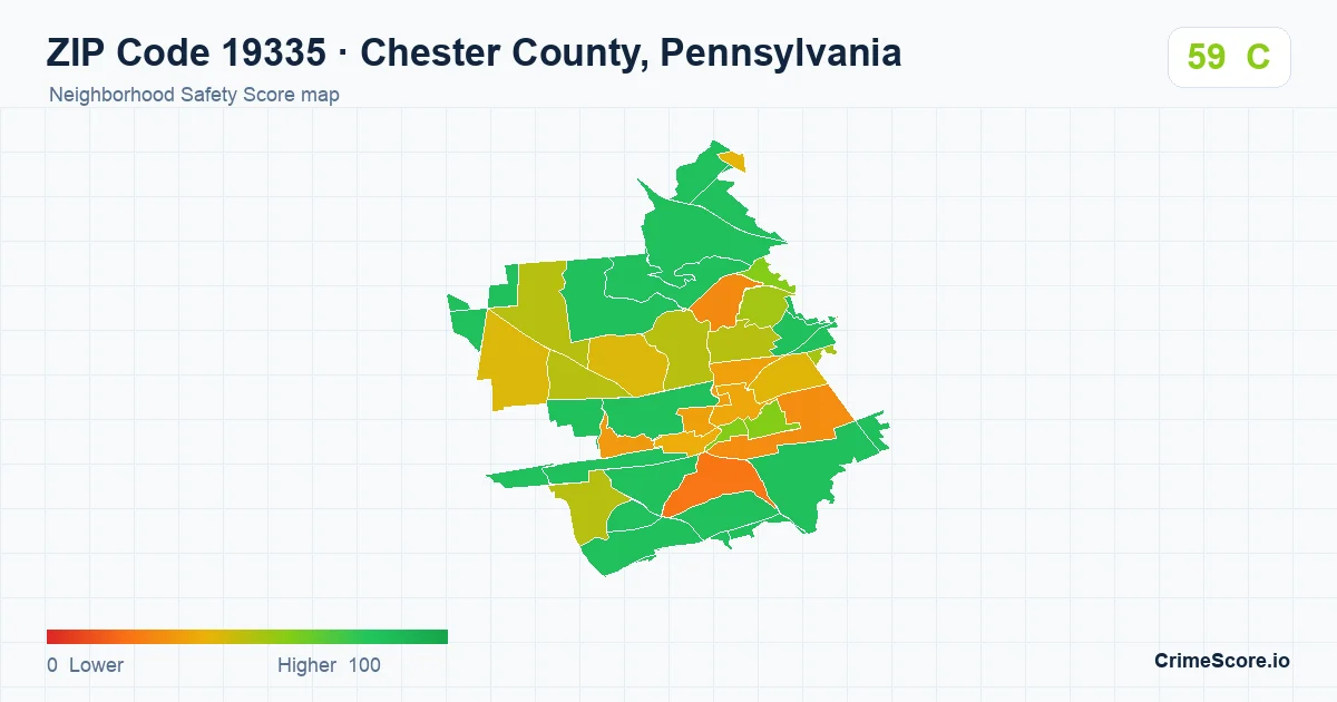 ZIP Code 19335 in Chester County, Pennsylvania neighborhood Safety Score map