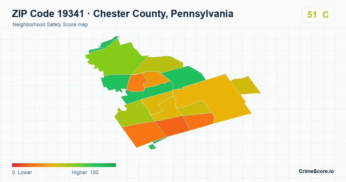 ZIP Code 19341 in Chester County, Pennsylvania neighborhood Safety Score map