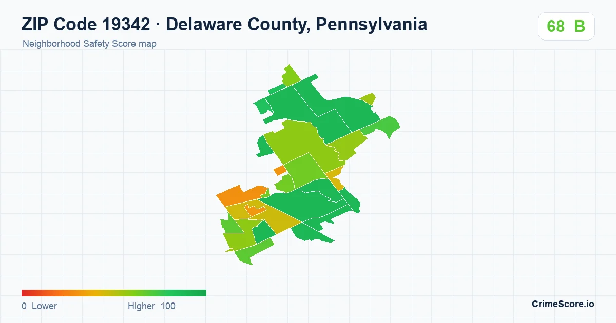 ZIP Code 19342 in Delaware County, Pennsylvania neighborhood Safety Score map