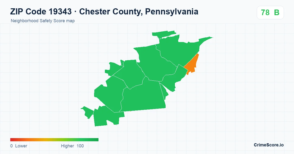 ZIP Code 19343 in Chester County, Pennsylvania neighborhood Safety Score map