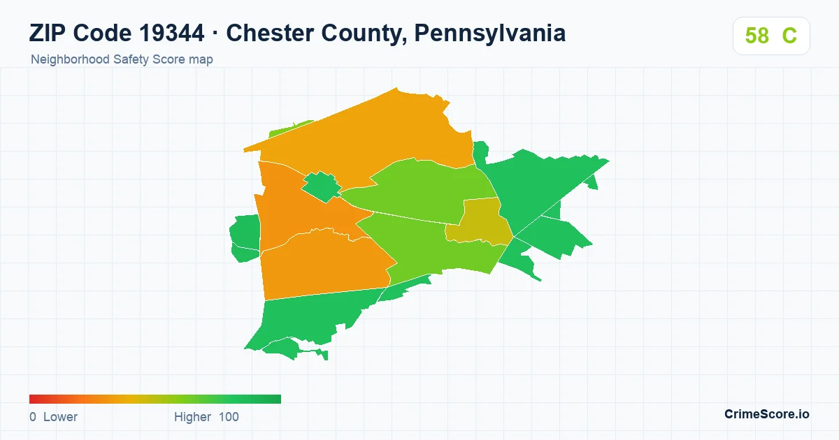 ZIP Code 19344 in Chester County, Pennsylvania neighborhood Safety Score map