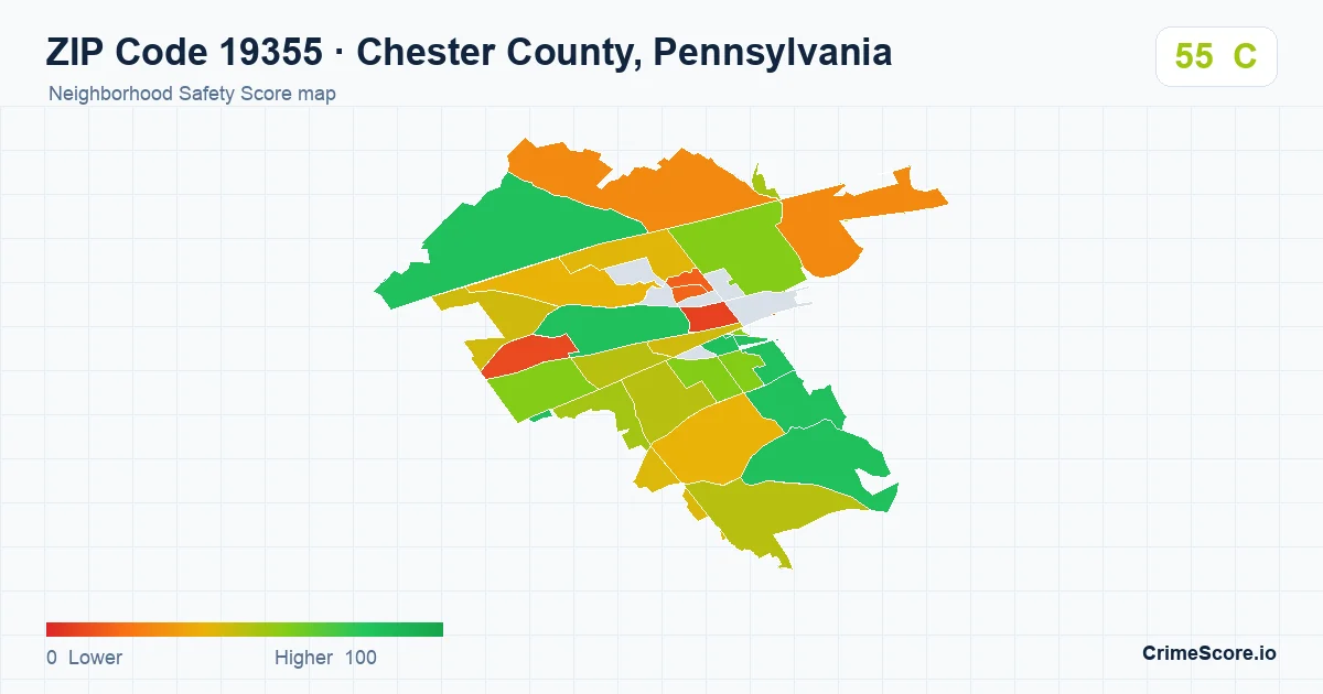 ZIP Code 19355 in Chester County, Pennsylvania neighborhood Safety Score map