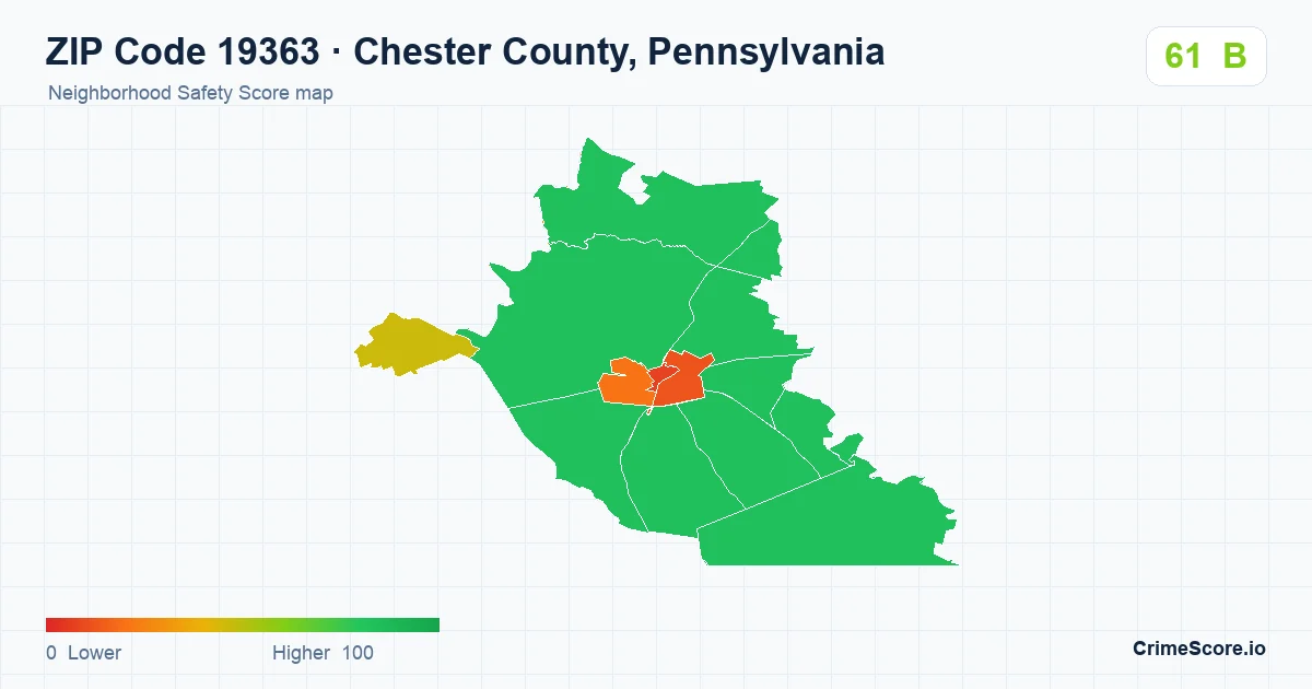 ZIP Code 19363 in Chester County, Pennsylvania neighborhood Safety Score map
