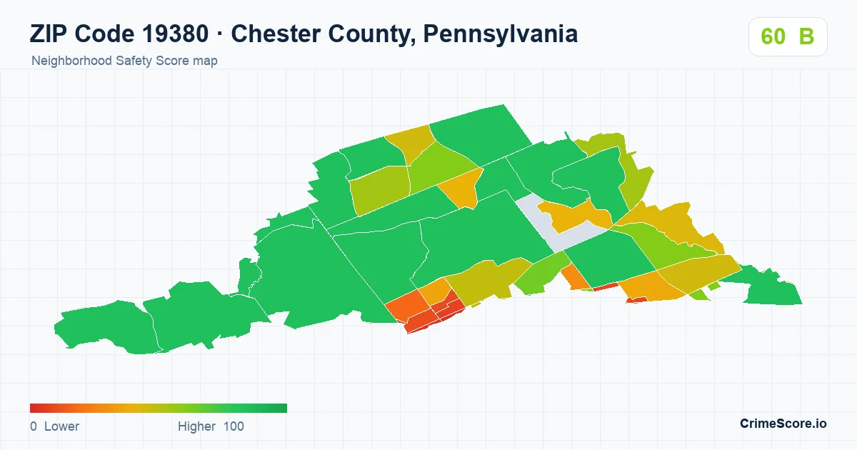 ZIP Code 19380 in Chester County, Pennsylvania neighborhood Safety Score map