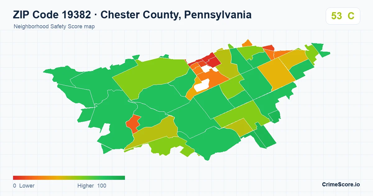 ZIP Code 19382 in Chester County, Pennsylvania neighborhood Safety Score map