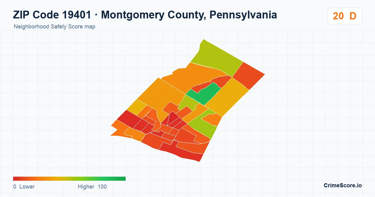 ZIP Code 19401 in Montgomery County, Pennsylvania neighborhood Safety Score map