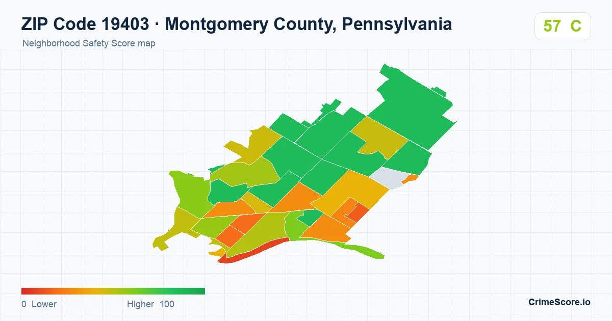 ZIP Code 19403 in Montgomery County, Pennsylvania neighborhood Safety Score map