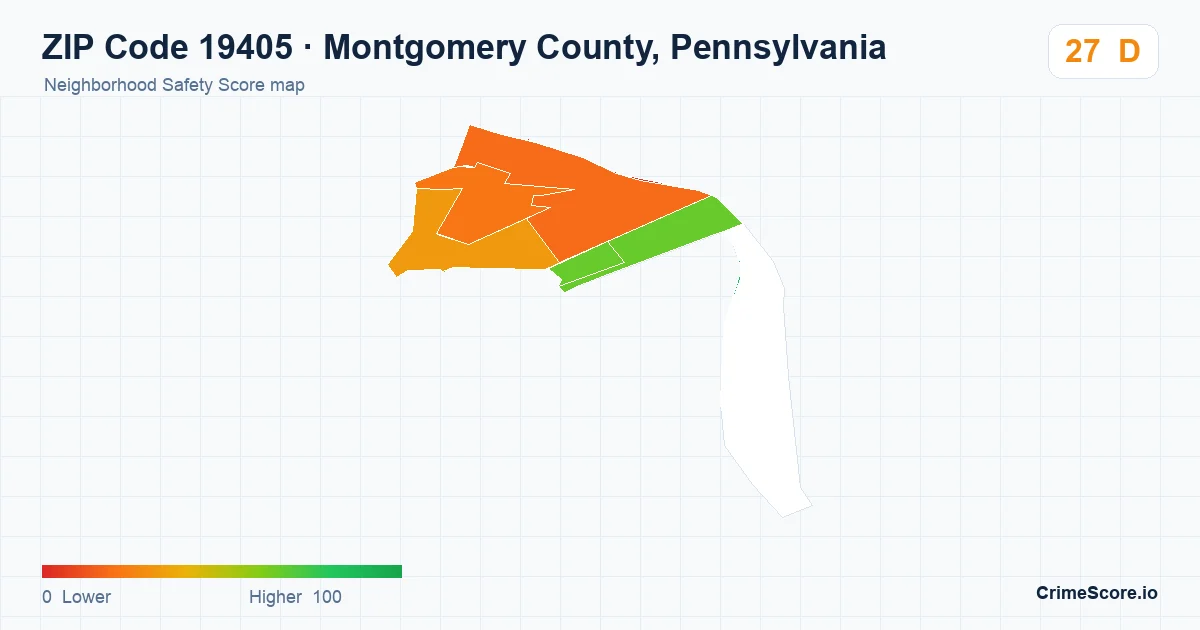 ZIP Code 19405 in Montgomery County, Pennsylvania neighborhood Safety Score map