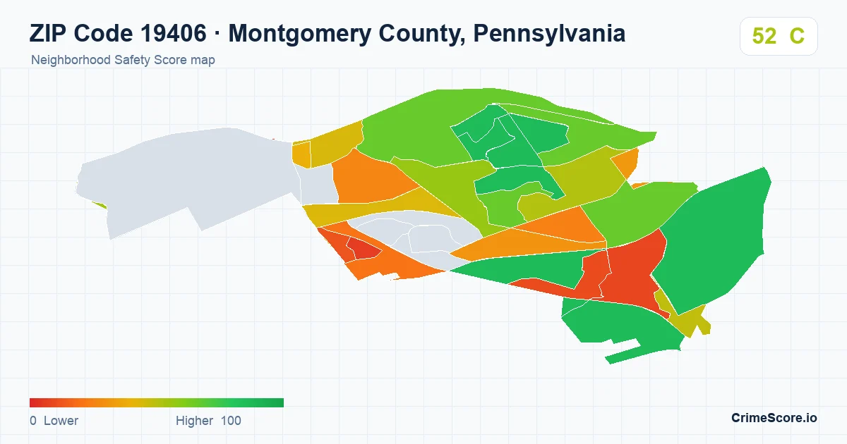 ZIP Code 19406 in Montgomery County, Pennsylvania neighborhood Safety Score map