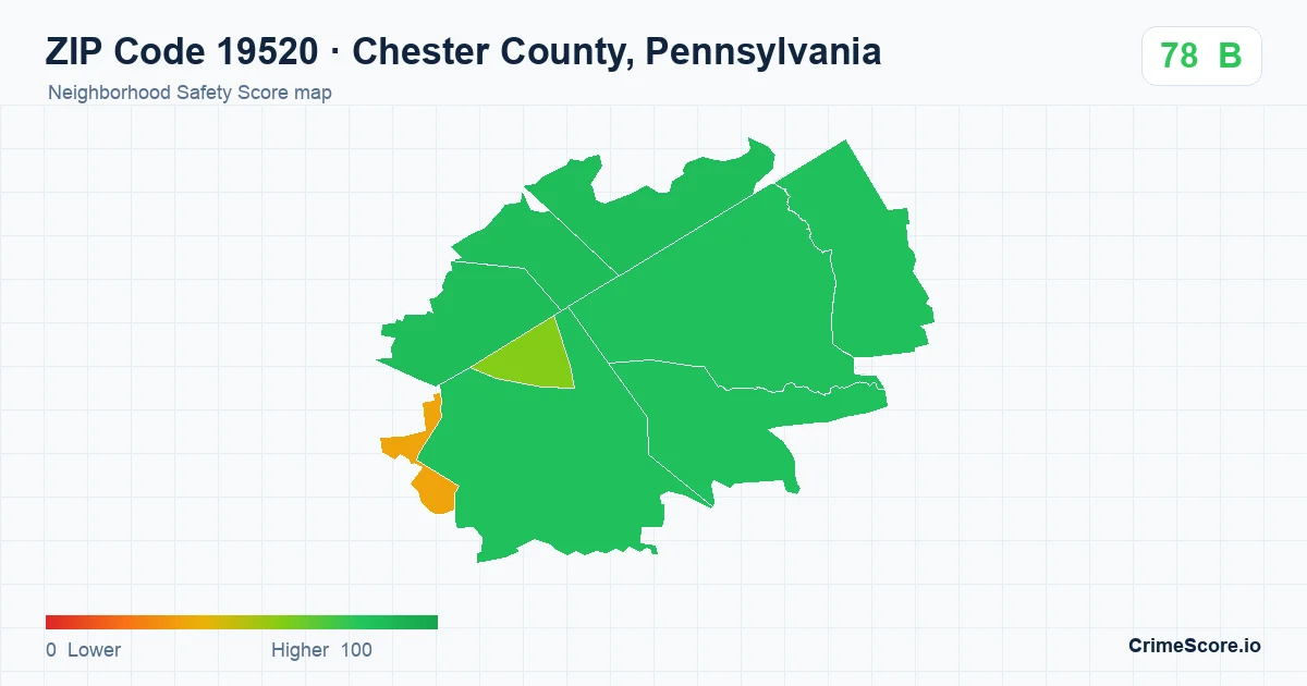 ZIP Code 19520 in Chester County, Pennsylvania neighborhood Safety Score map