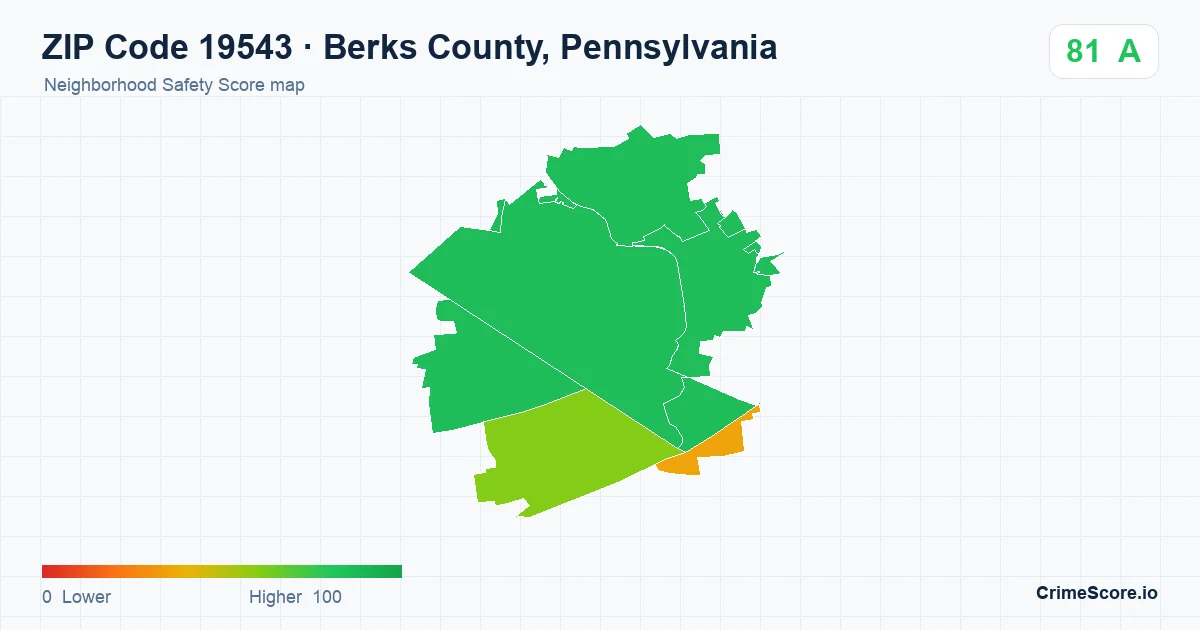 ZIP Code 19543 in Berks County, Pennsylvania neighborhood Safety Score map