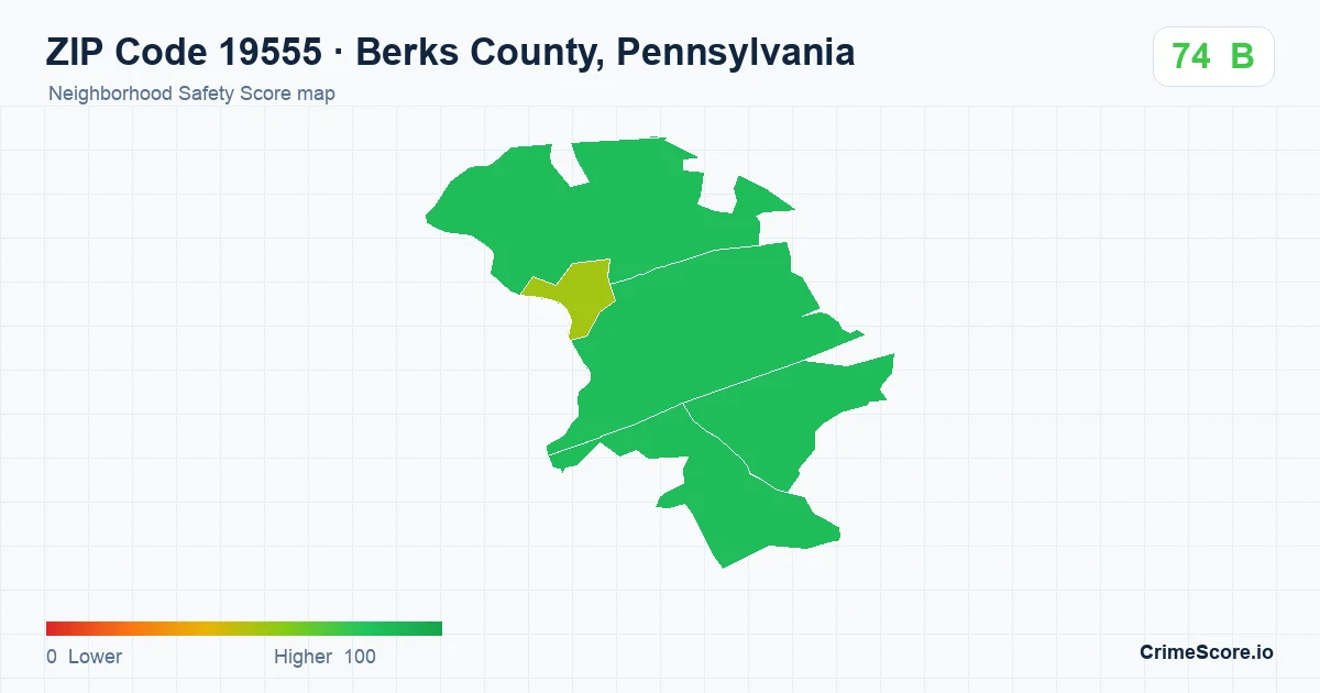 ZIP Code 19555 in Berks County, Pennsylvania neighborhood Safety Score map