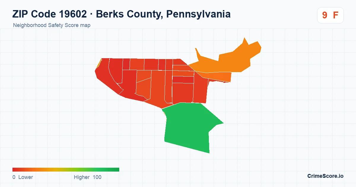 ZIP Code 19602 in Berks County, Pennsylvania neighborhood Safety Score map