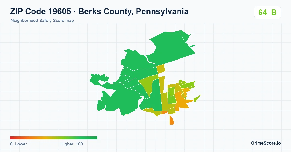 ZIP Code 19605 in Berks County, Pennsylvania neighborhood Safety Score map