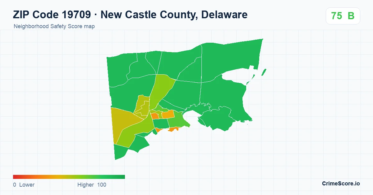 ZIP Code 19709 in New Castle County, Delaware neighborhood Safety Score map