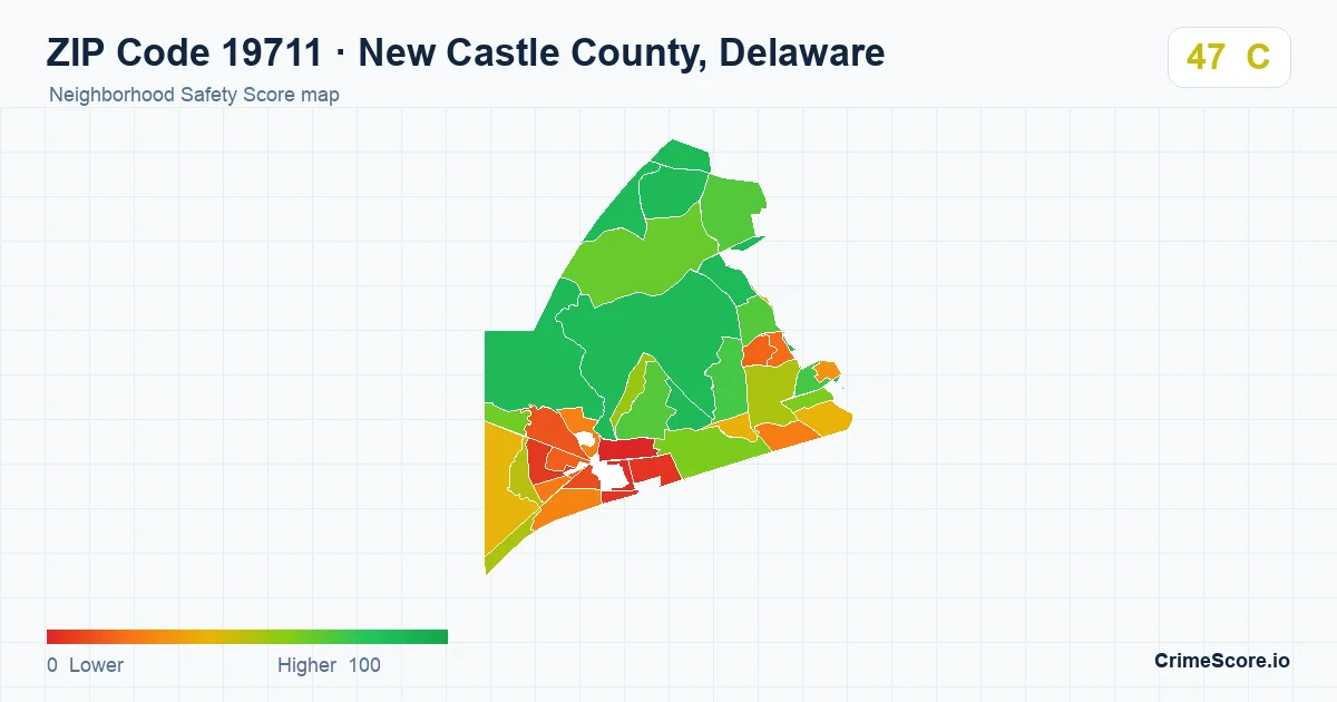 ZIP Code 19711 in New Castle County, Delaware neighborhood Safety Score map