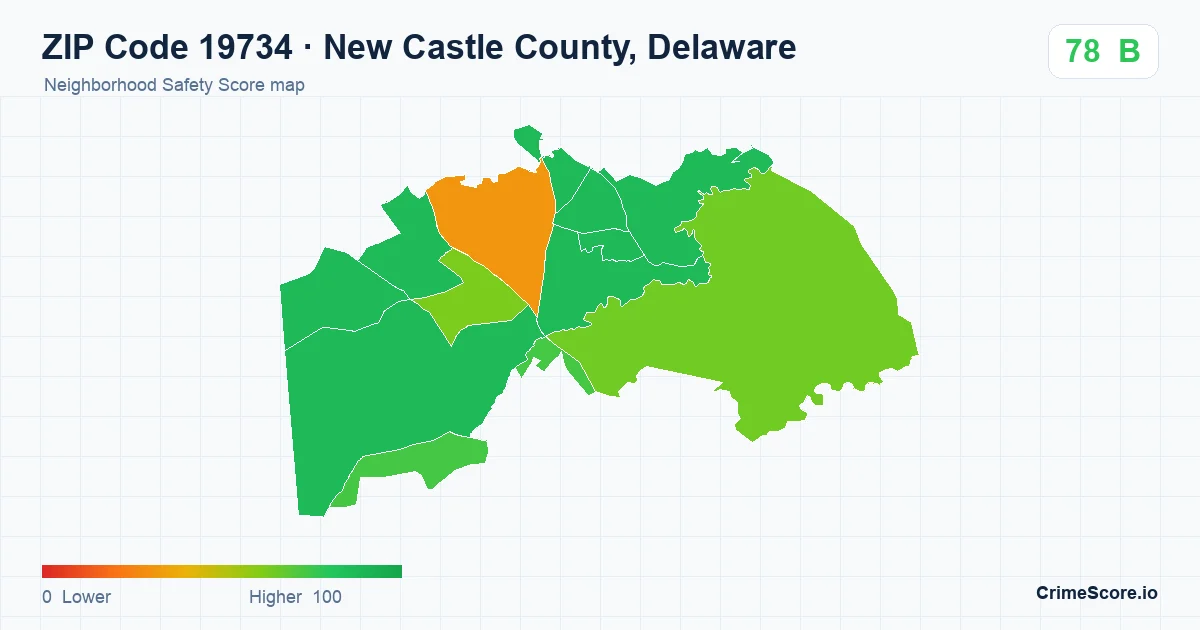 ZIP Code 19734 in New Castle County, Delaware neighborhood Safety Score map