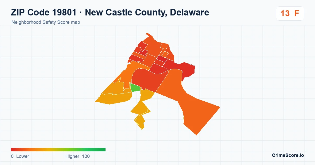 ZIP Code 19801 in New Castle County, Delaware neighborhood Safety Score map