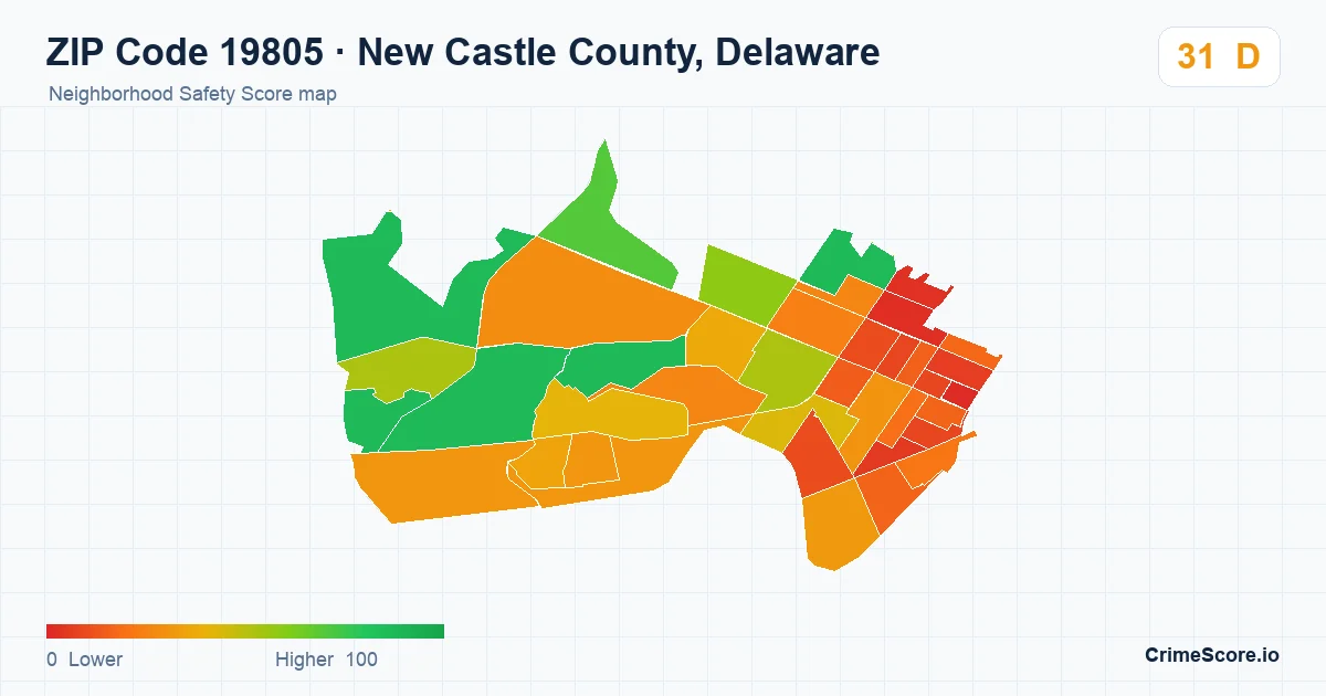ZIP Code 19805 in New Castle County, Delaware neighborhood Safety Score map