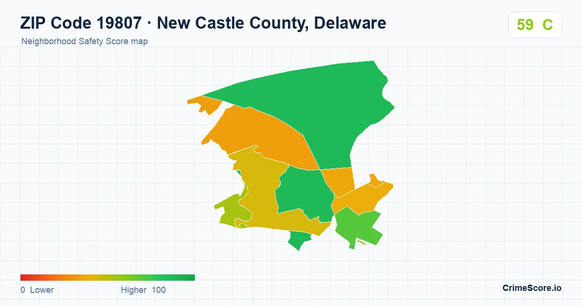 ZIP Code 19807 in New Castle County, Delaware neighborhood Safety Score map