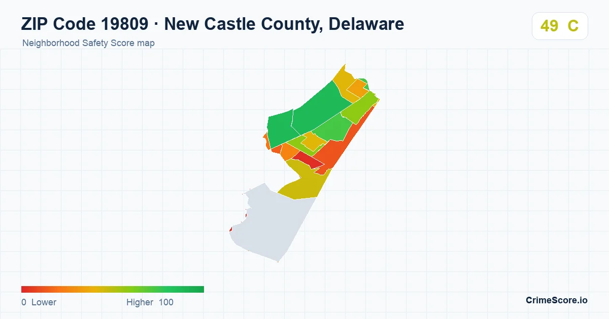 ZIP Code 19809 in New Castle County, Delaware neighborhood Safety Score map
