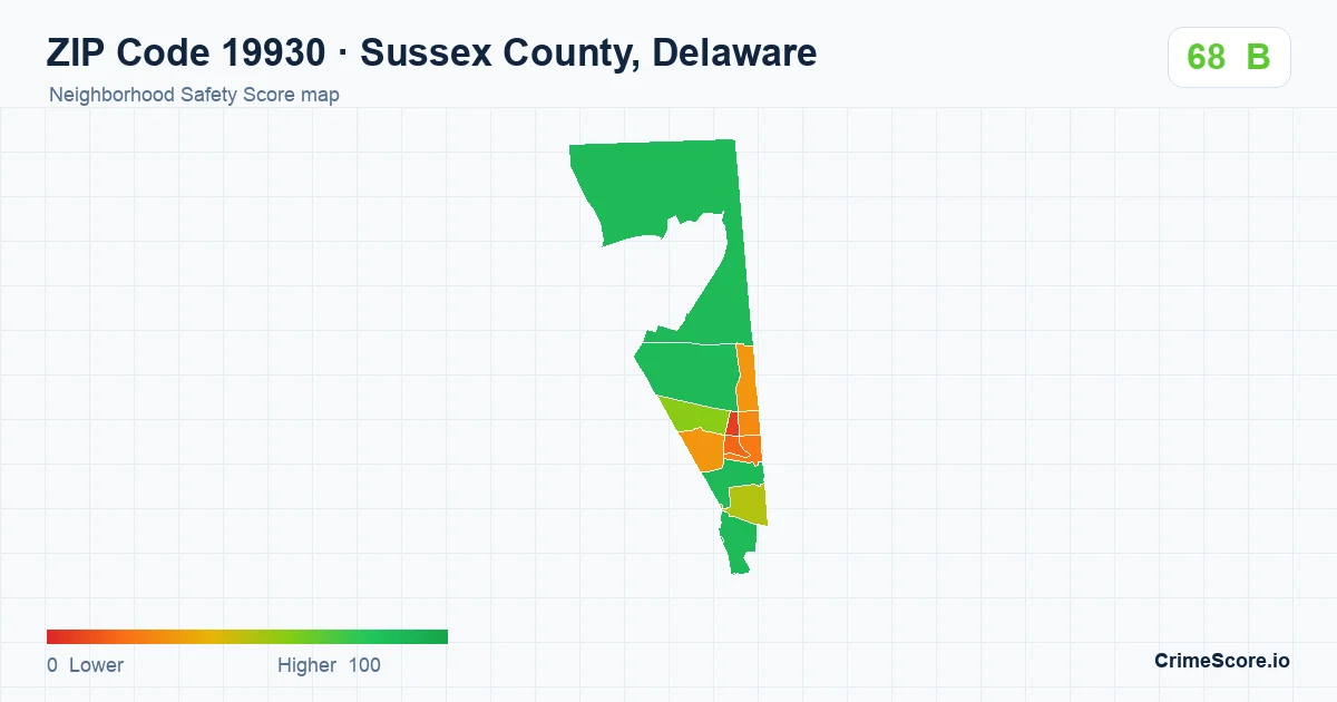 ZIP Code 19930 in Sussex County, Delaware neighborhood Safety Score map