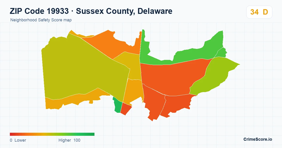 ZIP Code 19933 in Sussex County, Delaware neighborhood Safety Score map