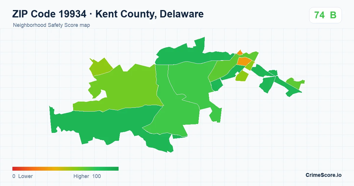 ZIP Code 19934 in Kent County, Delaware neighborhood Safety Score map