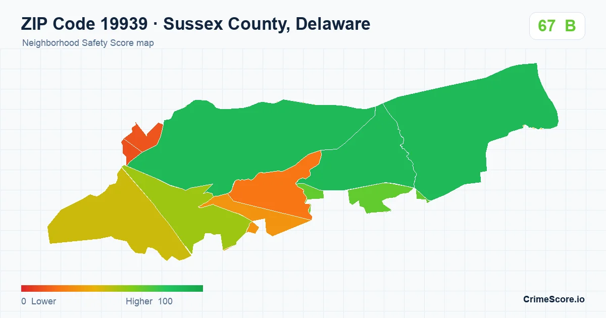 ZIP Code 19939 in Sussex County, Delaware neighborhood Safety Score map
