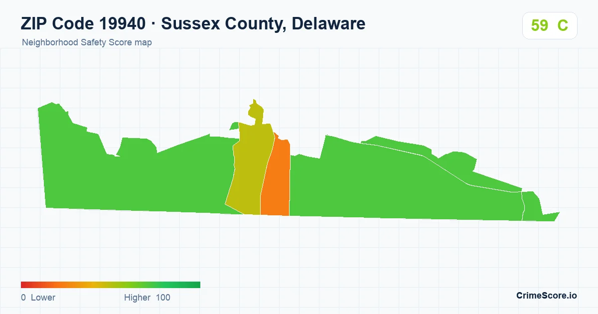 ZIP Code 19940 in Sussex County, Delaware neighborhood Safety Score map