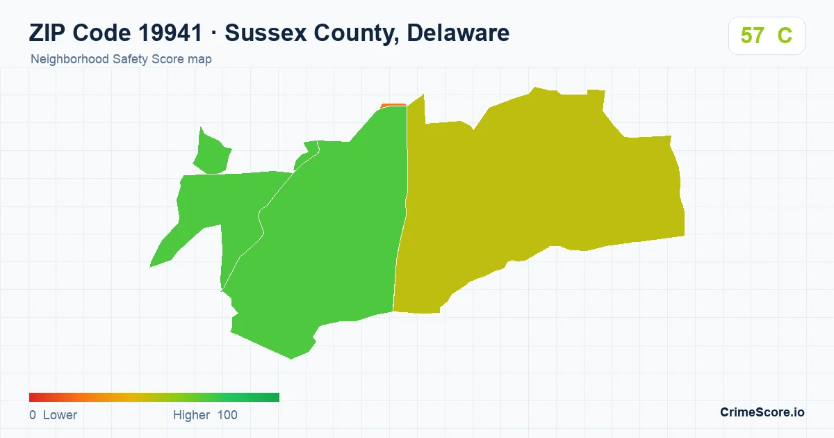 ZIP Code 19941 in Sussex County, Delaware neighborhood Safety Score map
