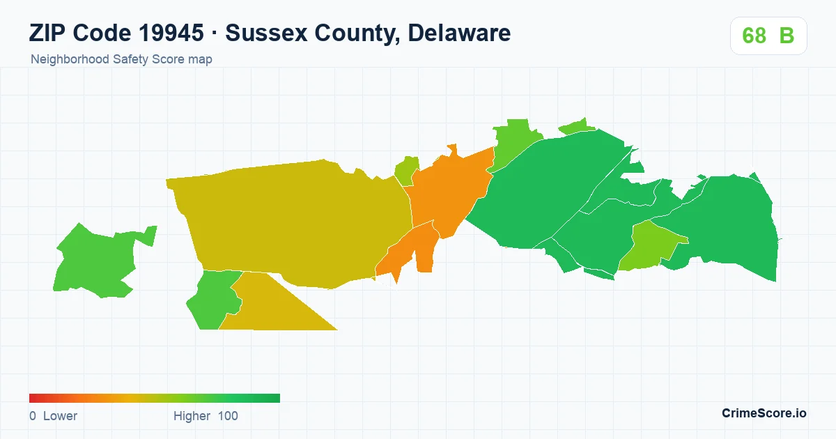 ZIP Code 19945 in Sussex County, Delaware neighborhood Safety Score map