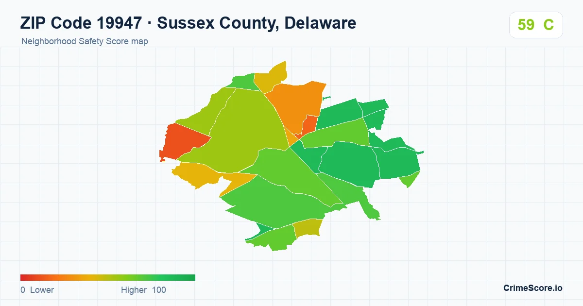 ZIP Code 19947 in Sussex County, Delaware neighborhood Safety Score map