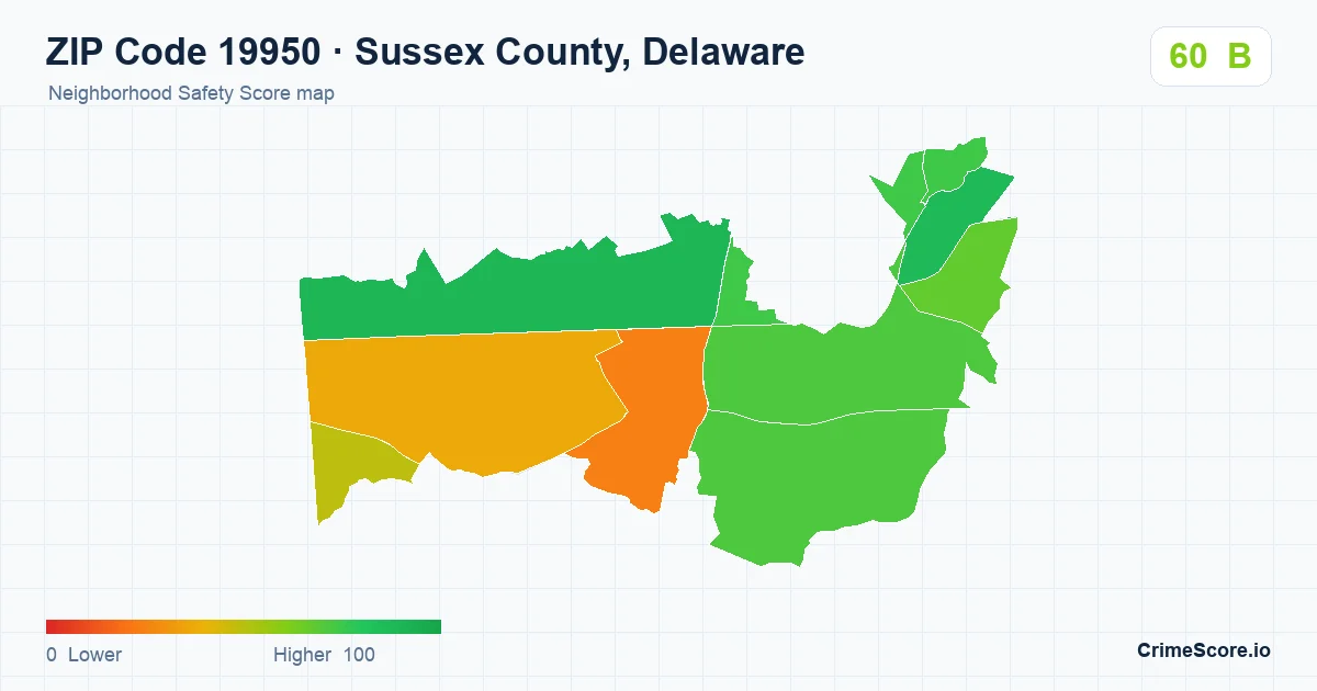 ZIP Code 19950 in Sussex County, Delaware neighborhood Safety Score map