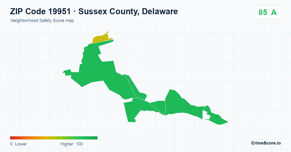 ZIP Code 19951 in Sussex County, Delaware neighborhood Safety Score map