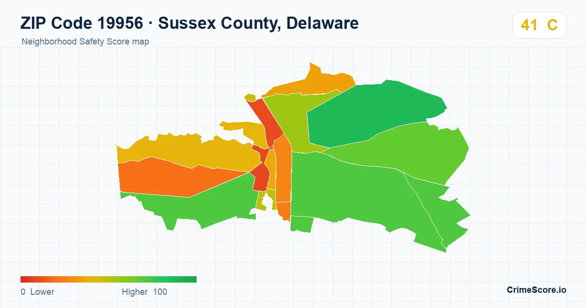 ZIP Code 19956 in Sussex County, Delaware neighborhood Safety Score map