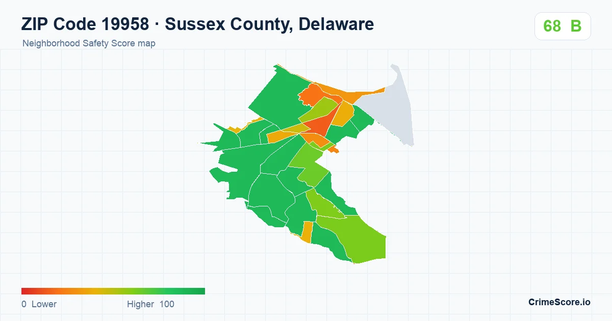 ZIP Code 19958 in Sussex County, Delaware neighborhood Safety Score map