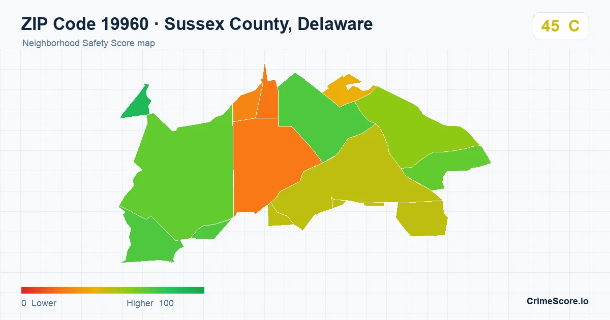 ZIP Code 19960 in Sussex County, Delaware neighborhood Safety Score map