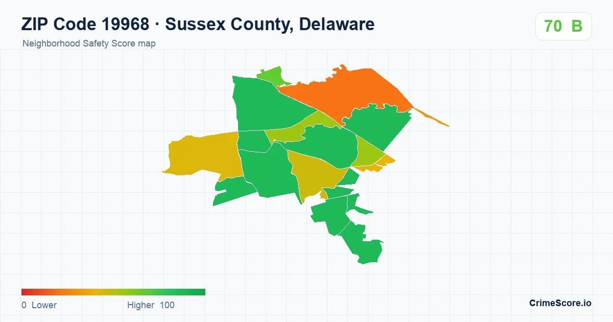 ZIP Code 19968 in Sussex County, Delaware neighborhood Safety Score map