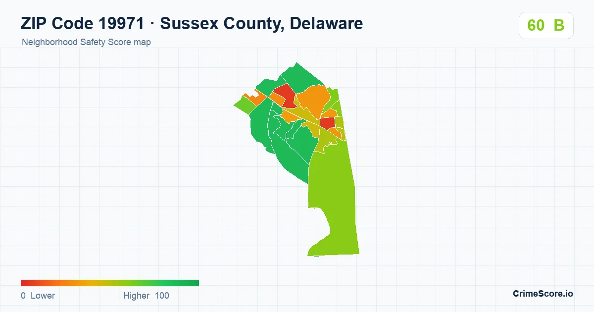 ZIP Code 19971 in Sussex County, Delaware neighborhood Safety Score map