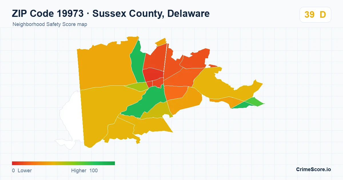 ZIP Code 19973 in Sussex County, Delaware neighborhood Safety Score map