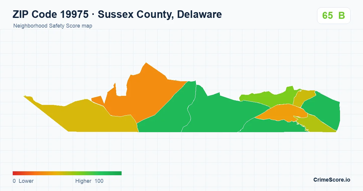 ZIP Code 19975 in Sussex County, Delaware neighborhood Safety Score map