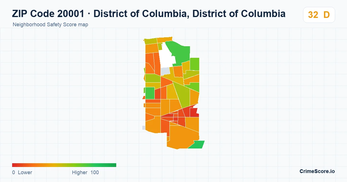 ZIP Code 20001 in District of Columbia, District of Columbia neighborhood Safety Score map