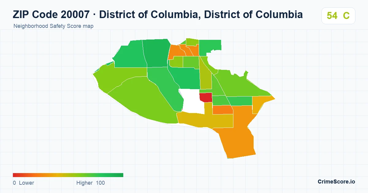 ZIP Code 20007 in District of Columbia, District of Columbia neighborhood Safety Score map