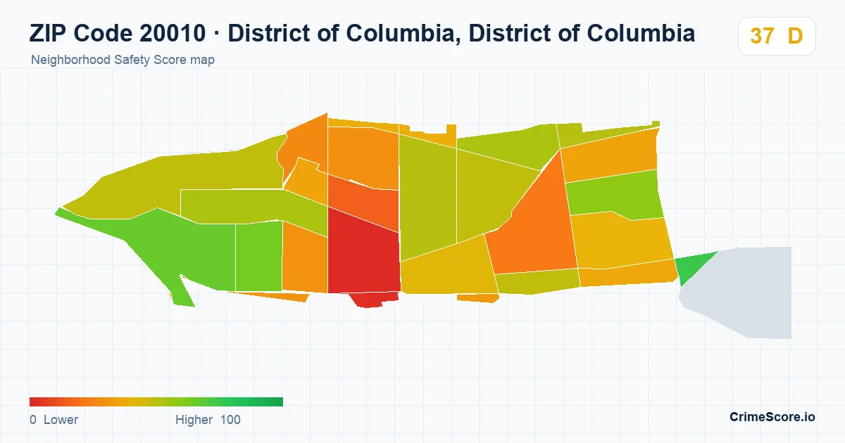 ZIP Code 20010 in District of Columbia, District of Columbia neighborhood Safety Score map