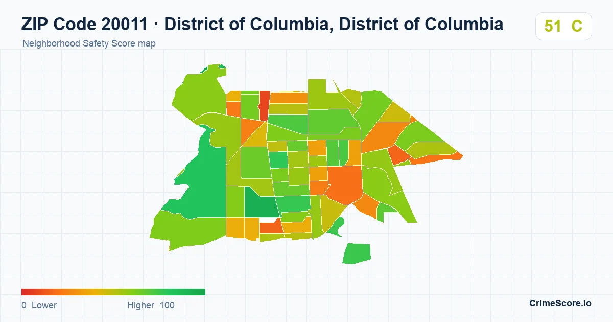 ZIP Code 20011 in District of Columbia, District of Columbia neighborhood Safety Score map