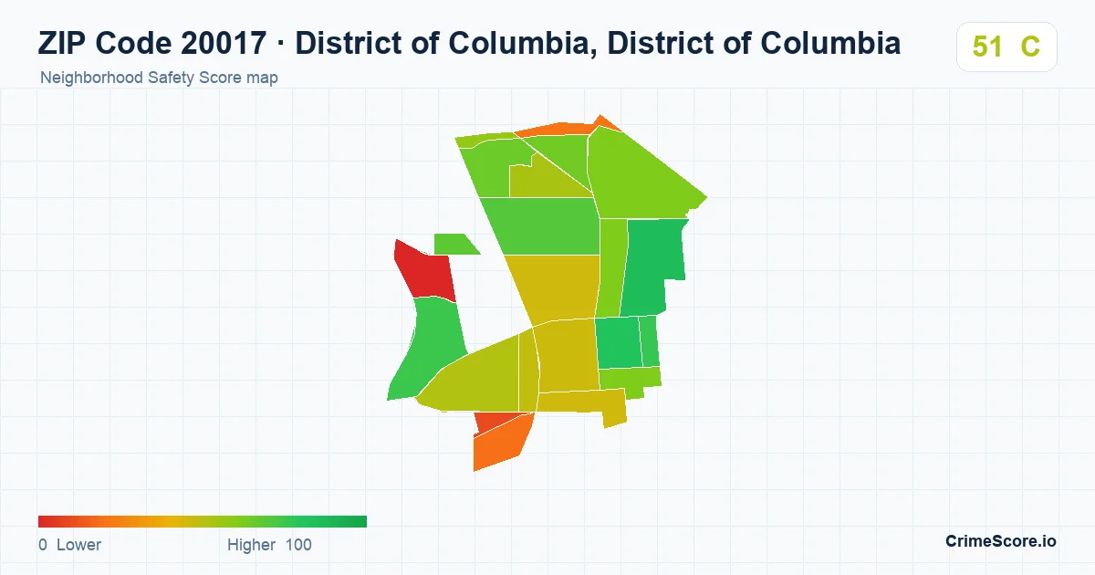 ZIP Code 20017 in District of Columbia, District of Columbia neighborhood Safety Score map