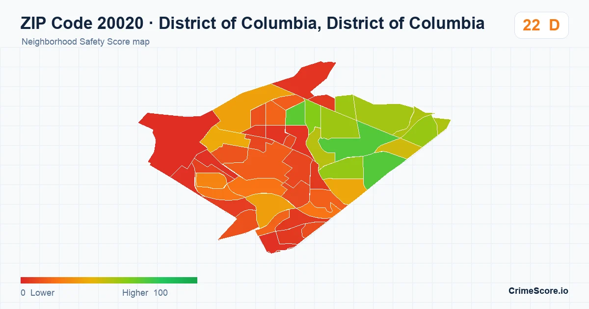ZIP Code 20020 in District of Columbia, District of Columbia neighborhood Safety Score map